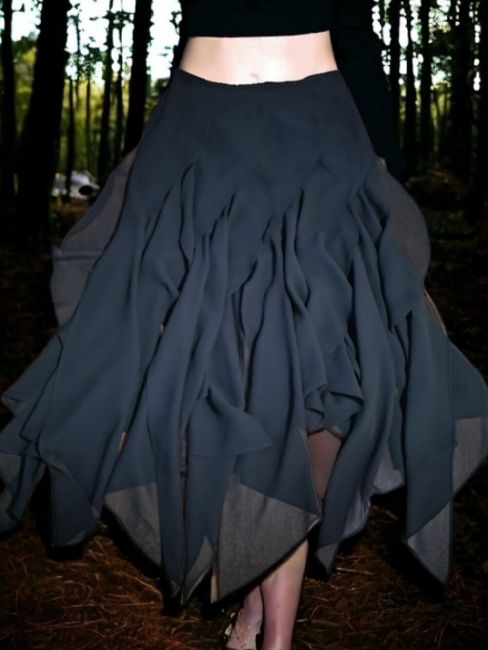 Vintage 90s Y2K Black Asymmetrical Layered Handkerchief Hem Fairy Skirt Size 10
